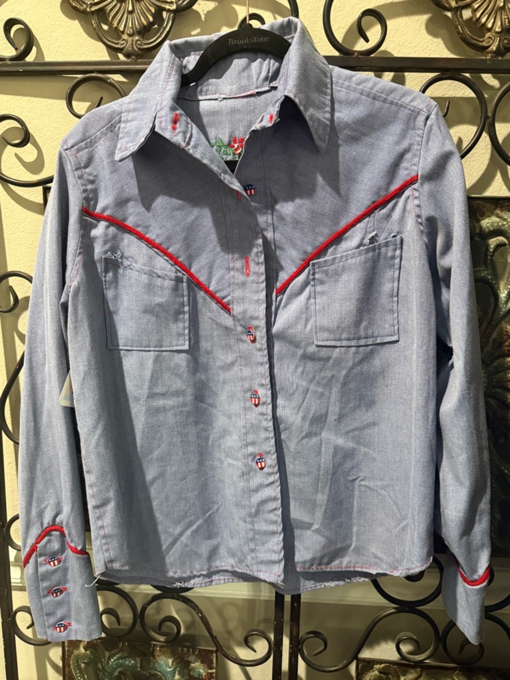 Vintage French Chambray Western Shirt Embroidered Back Cropped Americana Button